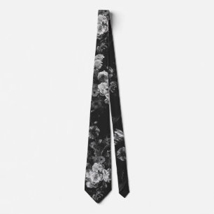 Cravate Élégant Floral Noir Gris Foncé Vintage