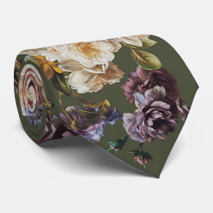 Cravate Élégant Floral Vintage Sombre sur Fond Vert Olive