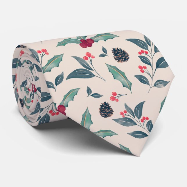 Cravate Elégant hiver floral aquarelle Noël (Roulé)