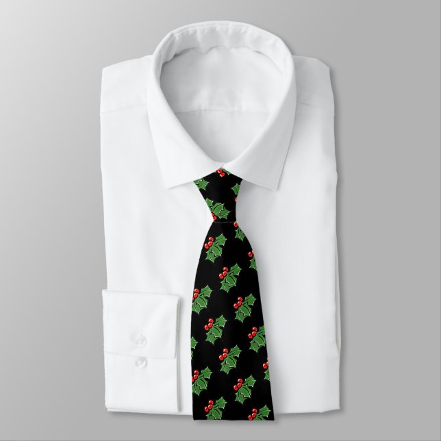 Cravate Elegant Holly Feuilles Holly baies vacances noir (Attaché)