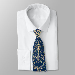 Cravate Elégant Mandala Art Boho Gold et Navy Blue Luxury