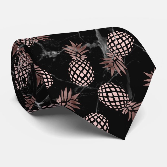 Cravate élégant marbre noir rose or ananas (Roulé)