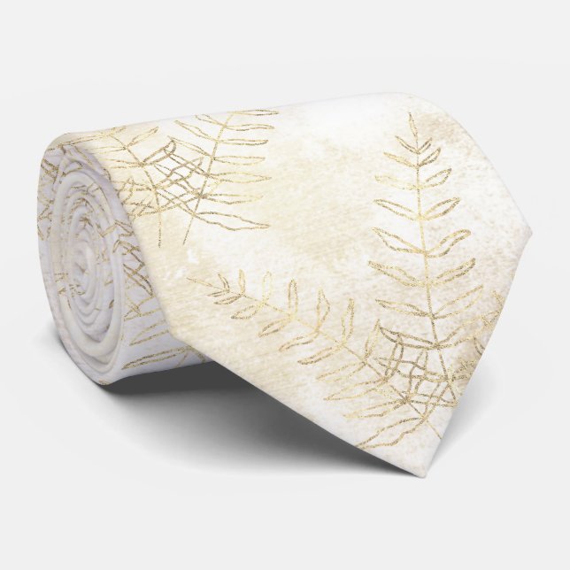 Cravate Elégant Mariage blanc & or de feuille de fern (Roulé)