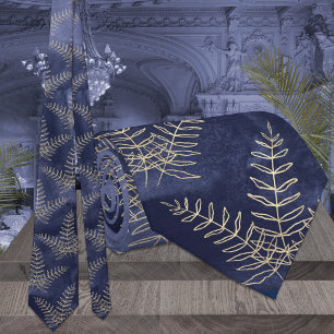Cravate Elégant Mariage bleu et or Fern Leaf