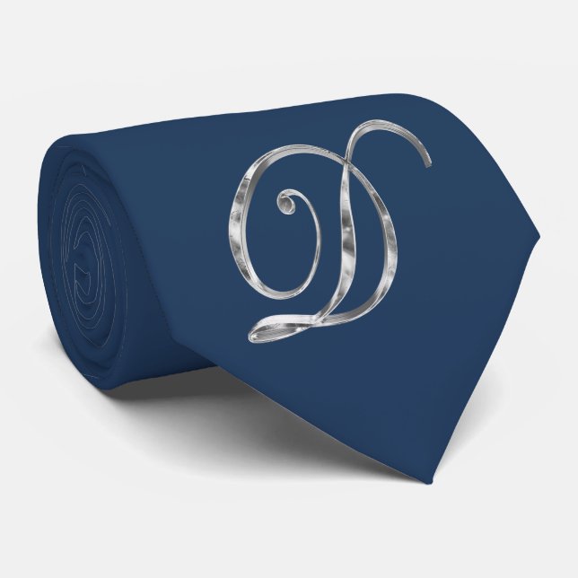 Cravate Élégant Monogramme bleu et gris argenté D (Roulé)