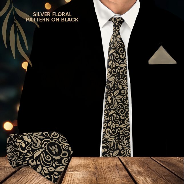 Cravate Élégant Monogramme Floral Platine Noire Or (Elegant Black Silver Floral Monogram Neck Tie)