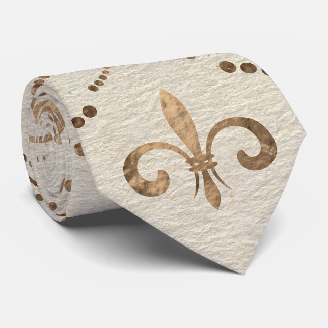Cravate Élégant motif Fleur de lis - or pastel (Roulé)