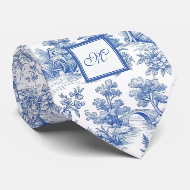Cravate Élégant motif monogrammé toile de Jouy bleue vinta (Roulé)