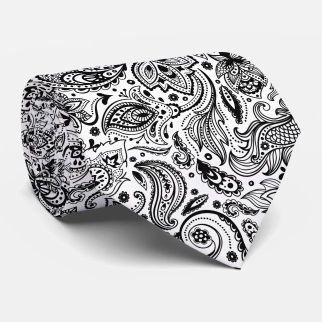 Cravate Élégant noir sur blanc Motif floral Paisley (Roulé)