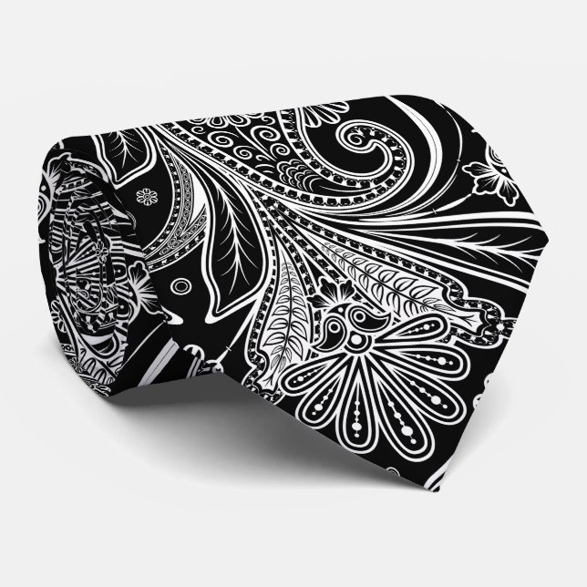 Cravate Elégant Paisley Blanc Sur Arrière - plan Noir (Roulé)
