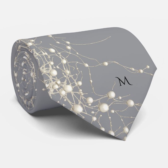 Cravate Elegant Pearl Gold Script Wedding Romantic Pearls (Roulé)