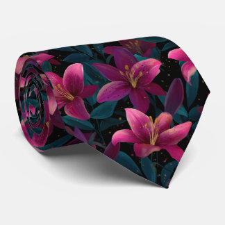 Cravate Elegant Pink Lily Floral Pattern on Black