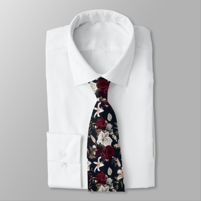 Cravate Élégant Rose Bourgogne blanc Lily motif floral (Attaché)