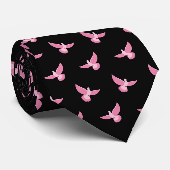 Cravate Elégant rose Pigeon sur noir Motif sans couture (Roulé)
