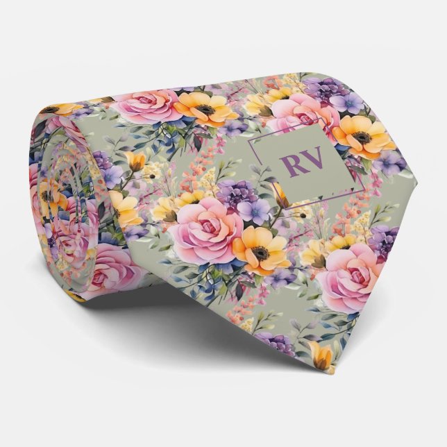 Cravate Elégant rose rose rose Sage Vert Aquarelle Fleurs (Roulé)