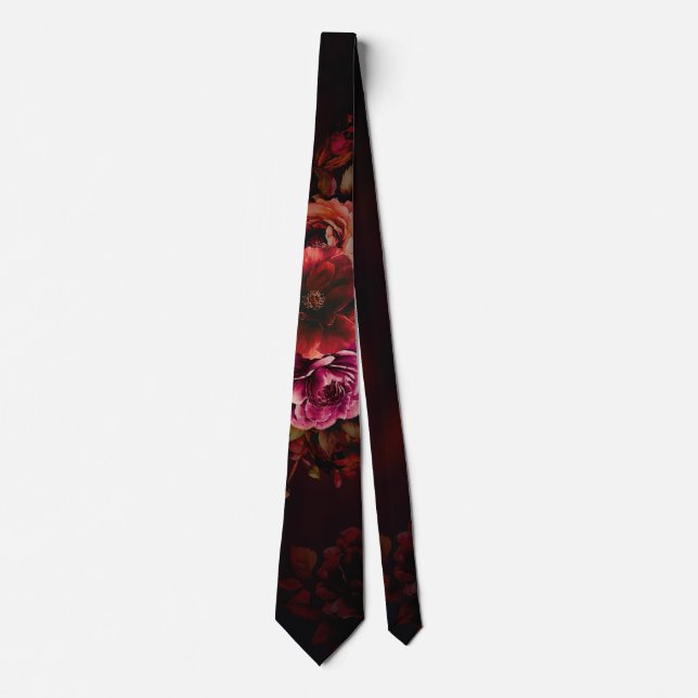 Cravate Elégant rouge noir floral mariage moody gothique (Devant)