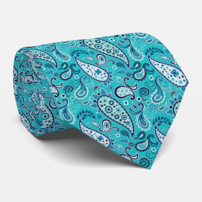 Cravate Elégant Turquoise et bleu Floral Paisley (Roulé)