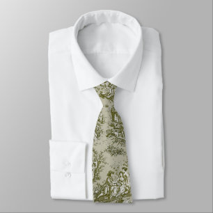 Cravate Élégant vintage vert olive toile de jouy imprimé