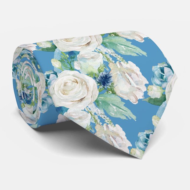 Cravate Elegant White Blue Winter Roses Neck Tie (Roulé)