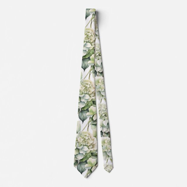 Cravate Elégante aquarelle blanche vert hydrangée florale (Devant)