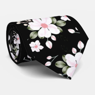 Cravate Elégante aquarelle Fleurs Noir et Blanc Rose