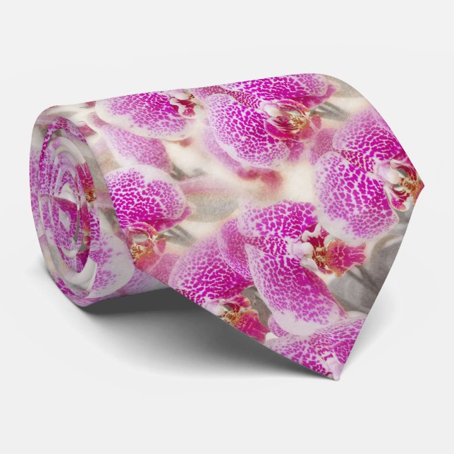 Cravate Elégante aquarelle rose orchidée motif floral (Roulé)