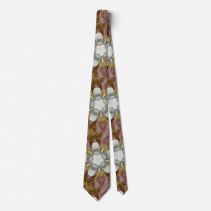 Cravate Élégante Fleur blanche d'or gris argenté rose anti