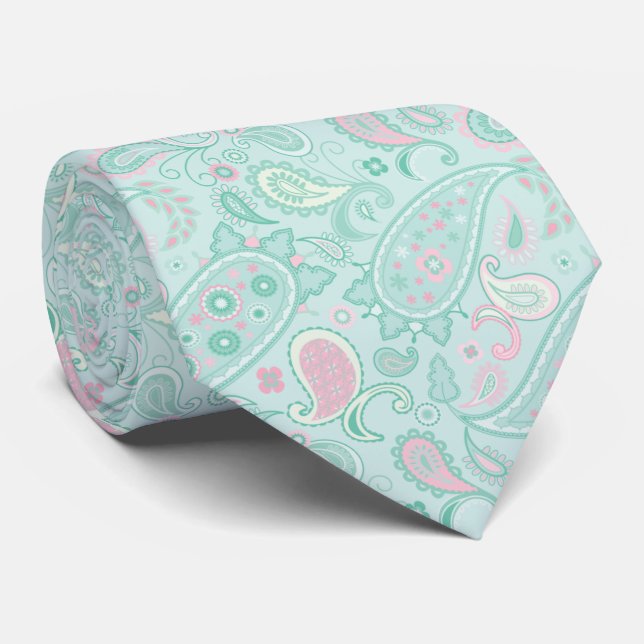 Cravate Elégante Monnaie Vert & Rose Floral Paisley (Roulé)