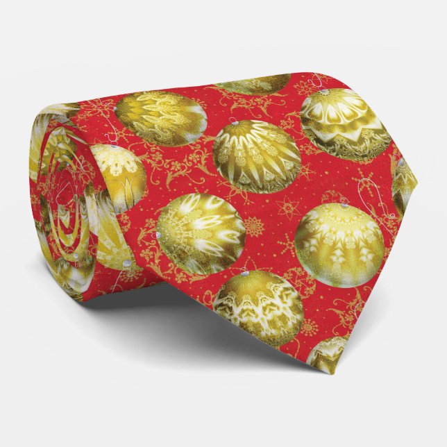 Cravate Élégantes boules de Noël or sur Motif rouge (Roulé)