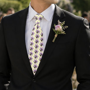 Cravate Élégantes Fleurs Violettes Jaunes Abeille en Nid d