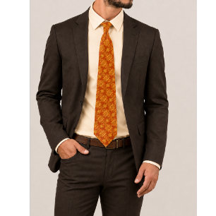 Cravate Emberielle Orange Brûlé et Or Floral Ornemental