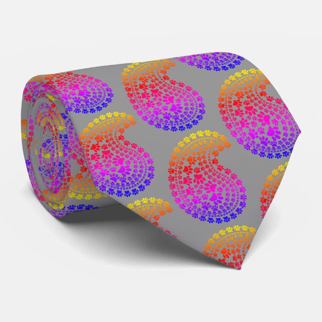 Cravate Empreinte de patte arc-en-ciel Paisley Motif gris  (Roulé)
