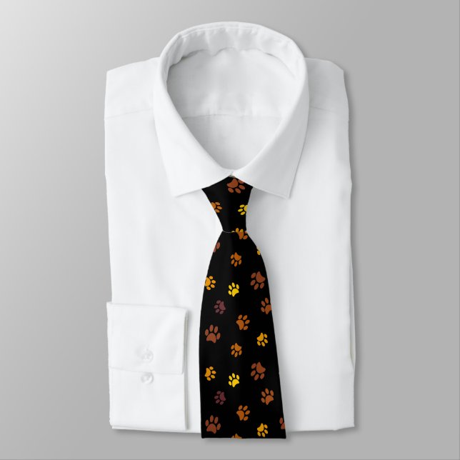 Cravate Empreintes de pattes jaune orange marron sur fond  (Attaché)
