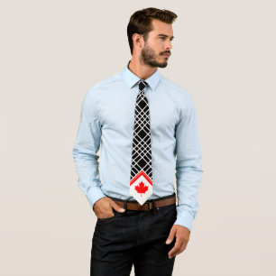 Cravate Érable canadien sur motif croisé noir et blanc