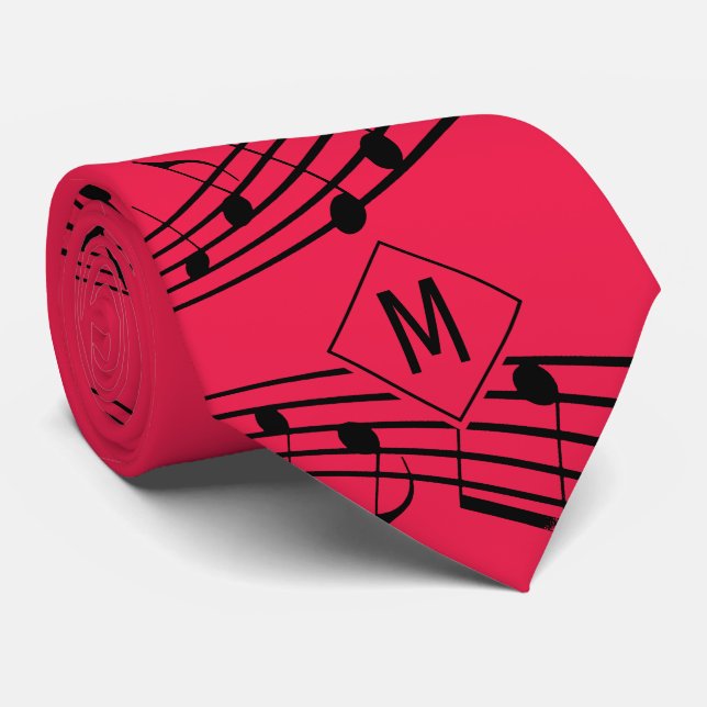 Cravate Étiquettes de NOTES MUSICALES | Noir rouge | Monog (Roulé)