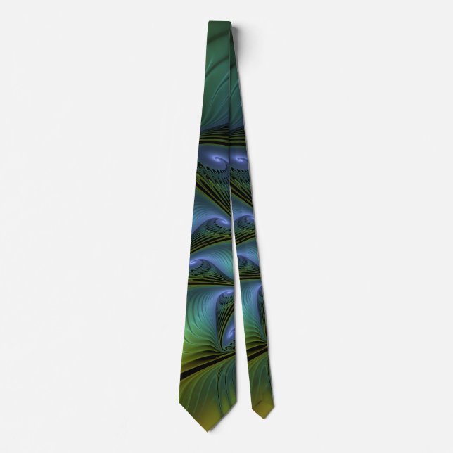 Cravate Etoile Abstraite, Bleu brillant Vert Or Fractal Ar (Devant)