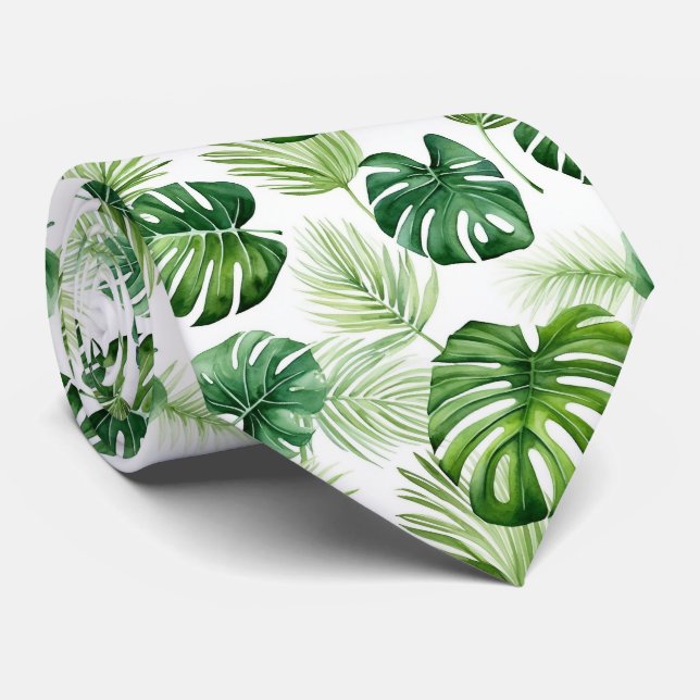 Cravate étonnante avec Feuilles tropicaux en vert  (Roulé)