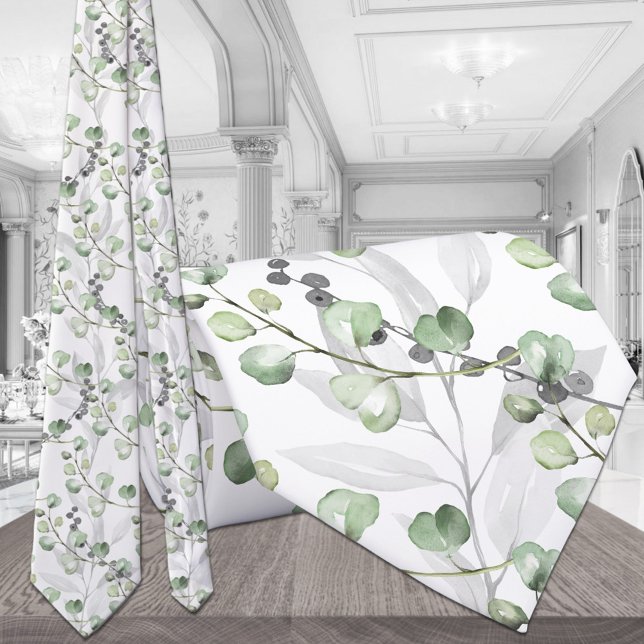 Cravate Eucalyptus Vert Elégant Mariage Aquarelle (Créateur téléchargé)