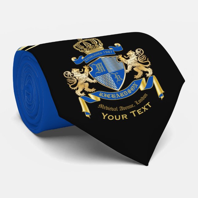 Cravate Faites votre propre blason Bleu or Lion Emblem (Roulé)