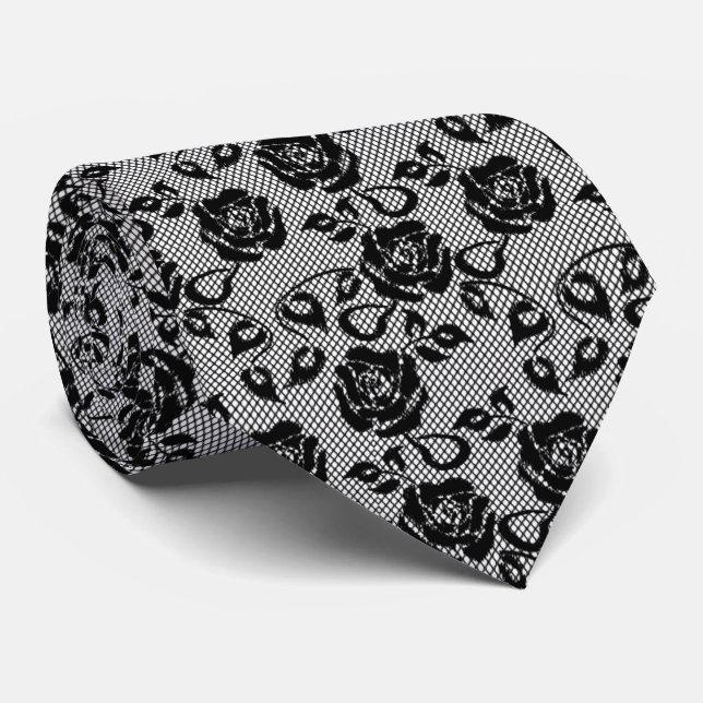 Cravate Faux Black Lace Neck Tie Fishnet with Roses (Roulé)