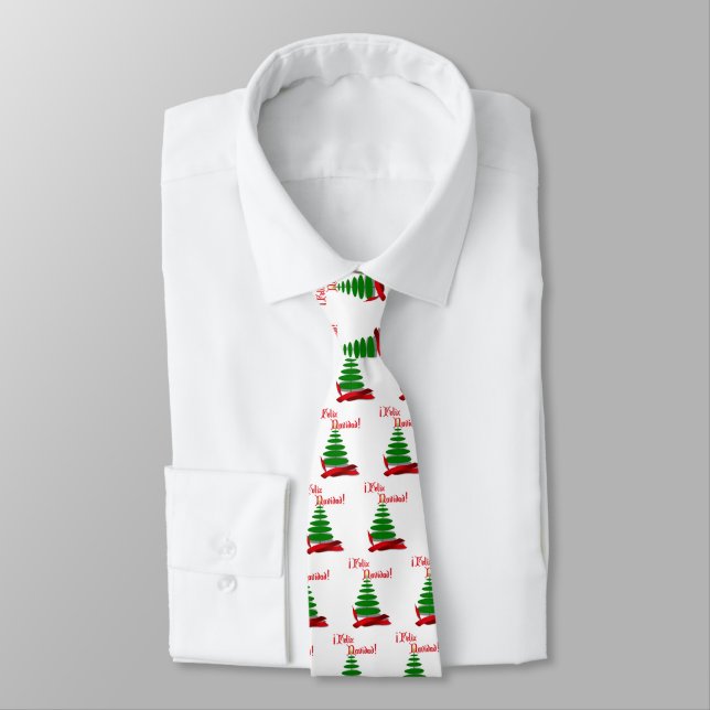 Cravate Feliz Navidad - Arbre de Noël au ruban rouge (Attaché)
