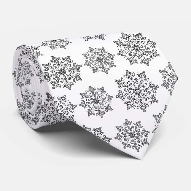 Cravate Festif noir blanc flocon motif carrelé (Roulé)