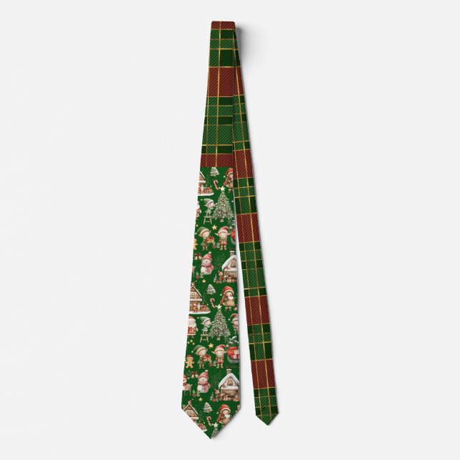 Cravate Festif Rouge Vert Tartan Elfes de Noël Père Noël (Devant)