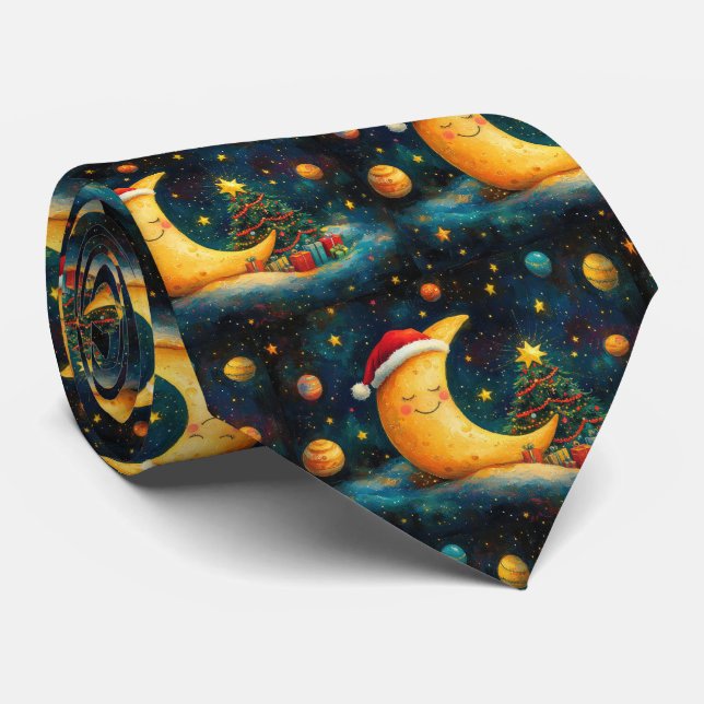 Cravate Fête de Noël drôle Lune Galaxy (Roulé)
