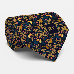 Cravate Feuillage de toucan sur fond bleu marine