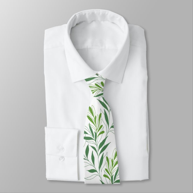 Cravate Feuillage De Verdure Motif Élégant Vert Et Blanc (Attaché)