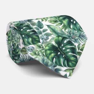 Cravate Feuillage tropical aquarelle avec diamants