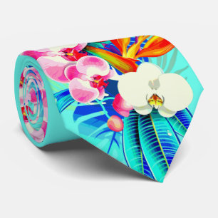 Cravate Feuille de palmier d'orchidée tropicale turquoise 