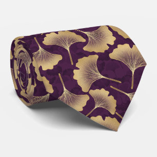 Cravate Feuilles de Ginkgo en Or Luxueux sur Fond Pourpre 