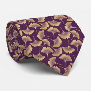 Cravate Feuilles de Ginkgo en Or Luxueux sur Fond Violet F